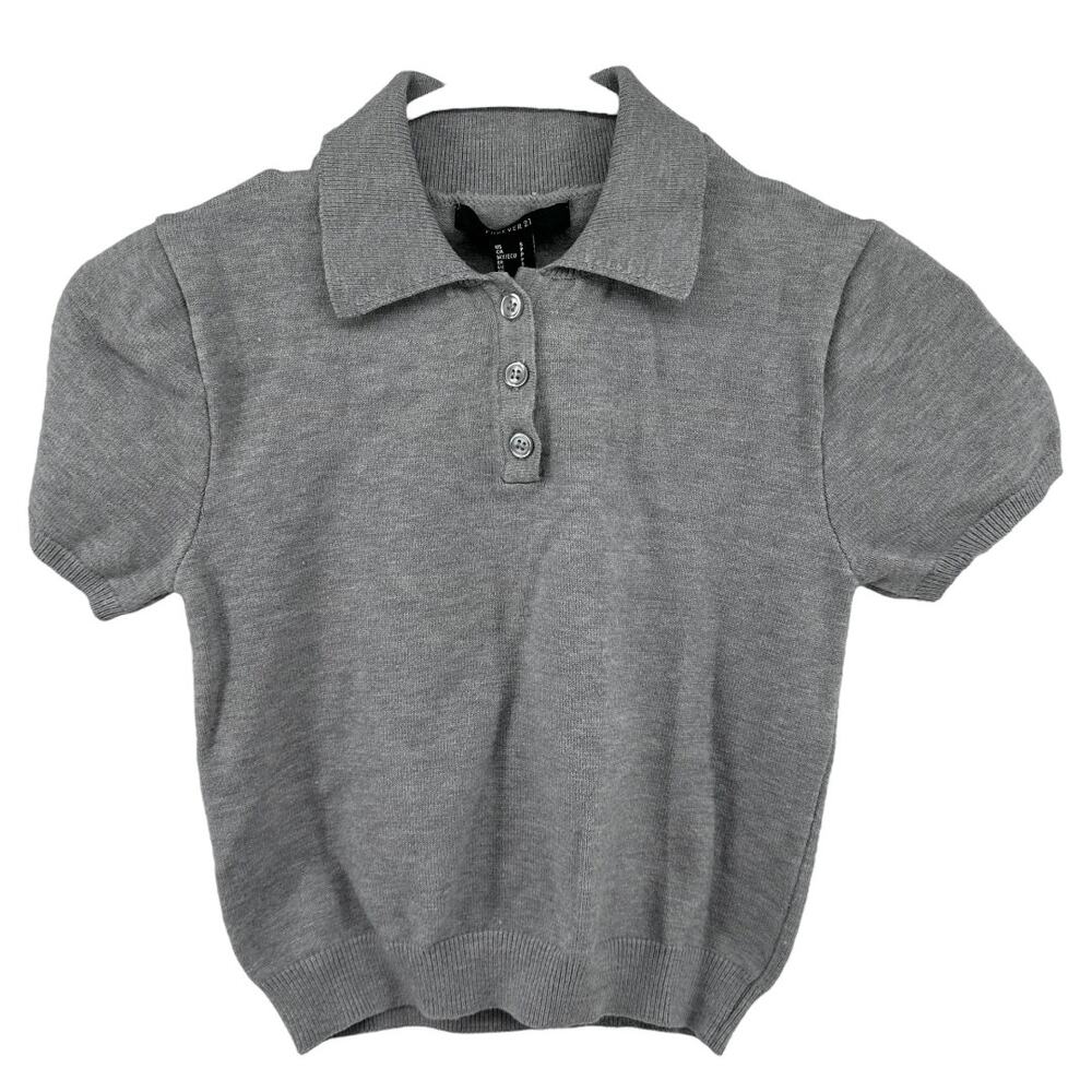 Forever 21 Polo Sweater Short Sleeve Button Front Collared Ribbed Knit Gray S